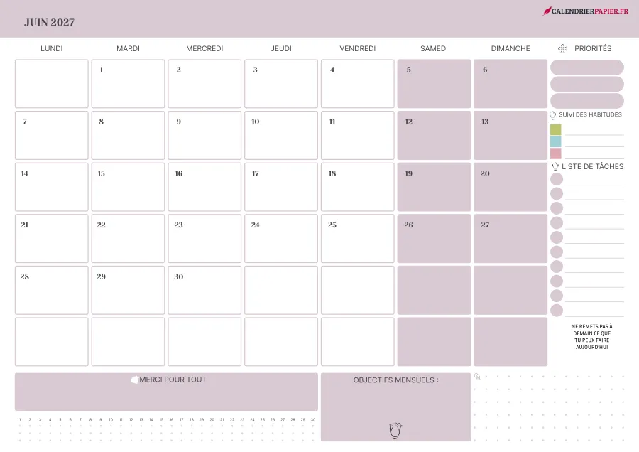 Calendrier juin 2027 à imprimer avec jours fériés, priorités, couleur rose