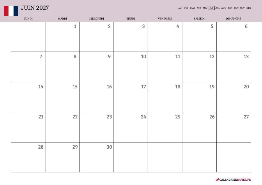 Calendrier juin 2027 à imprimer avec jours fériés, vierge, couleur rose