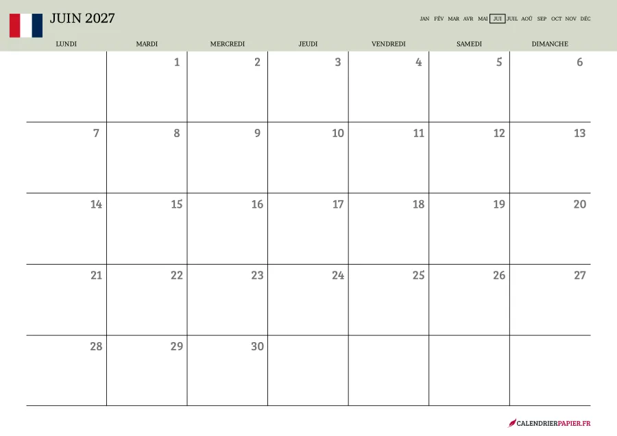 Calendrier juin 2027 à imprimer avec jours fériés, vierge, couleur vert