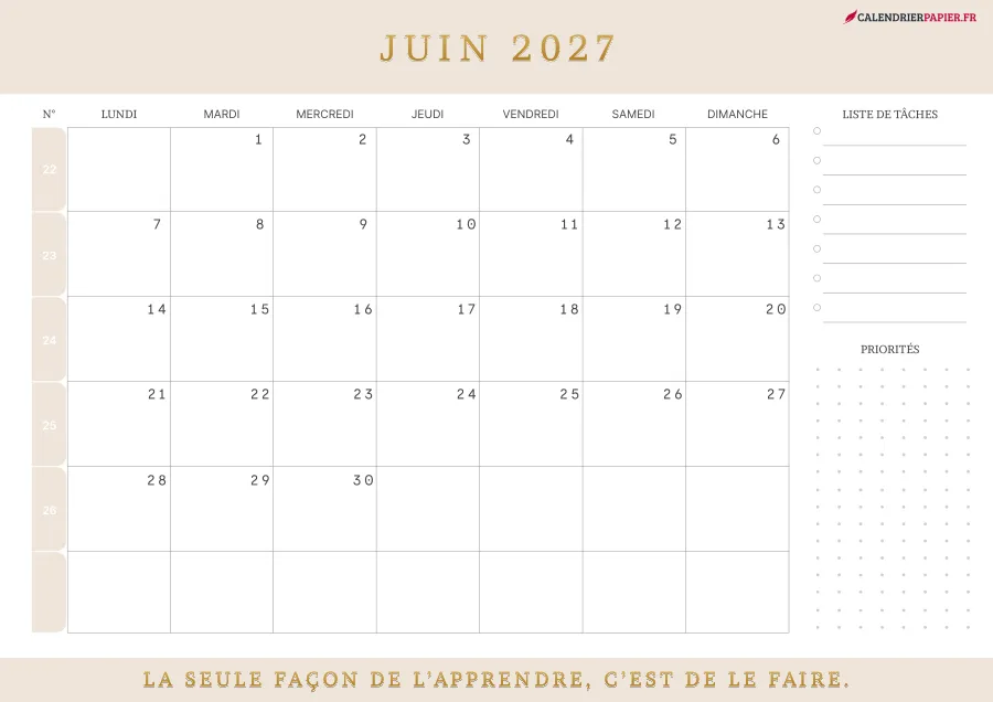 Calendrier juin 2027 à imprimer avec numéros de semaine, liste de tâches, couleur crème