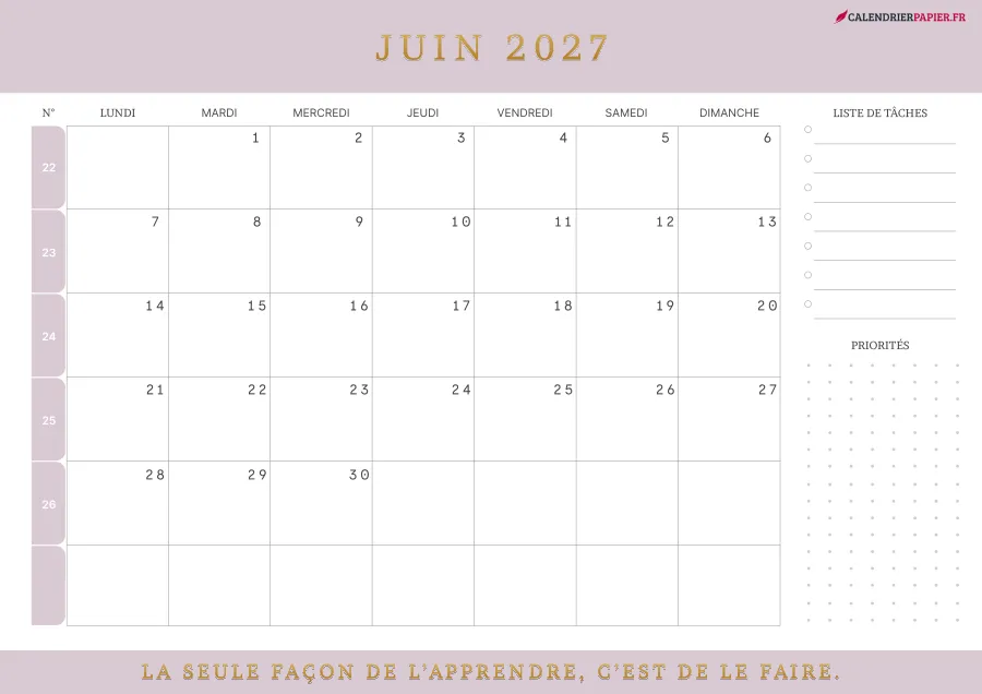 Calendrier juin 2027 à imprimer avec numéros de semaine, liste de tâches, couleur rose