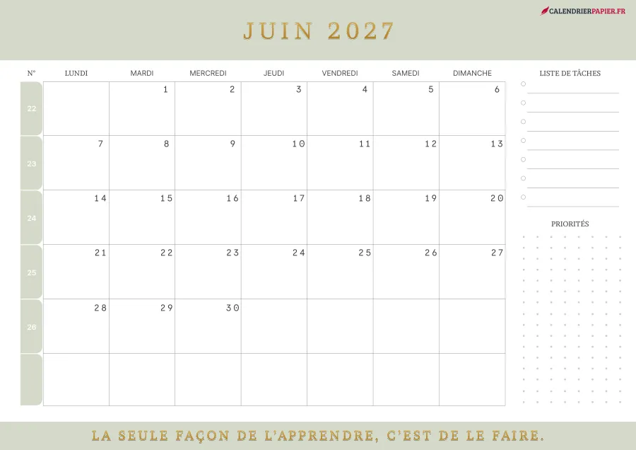 Calendrier juin 2027 à imprimer avec numéros de semaine, liste de tâches, couleur vert