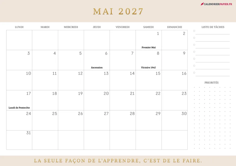 Calendrier mai 2027 à imprimer avec jours fériés, liste de tâches, couleur crème