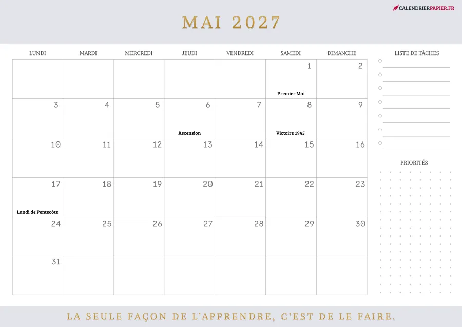 Calendrier mai 2027 à imprimer avec jours fériés, liste de tâches, couleur lavande