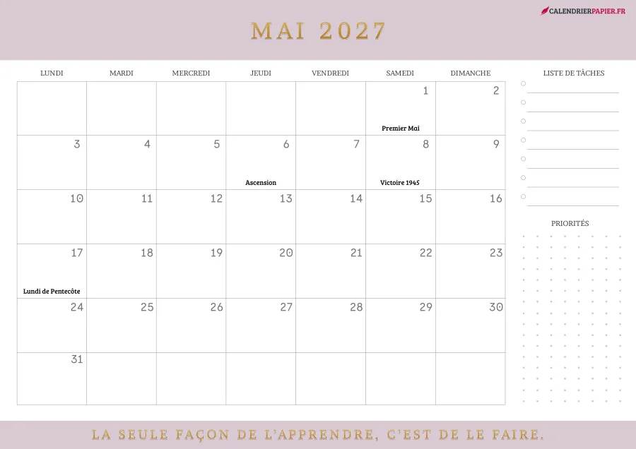 Calendrier mai 2027 à imprimer avec jours fériés, liste de tâches, couleur rose