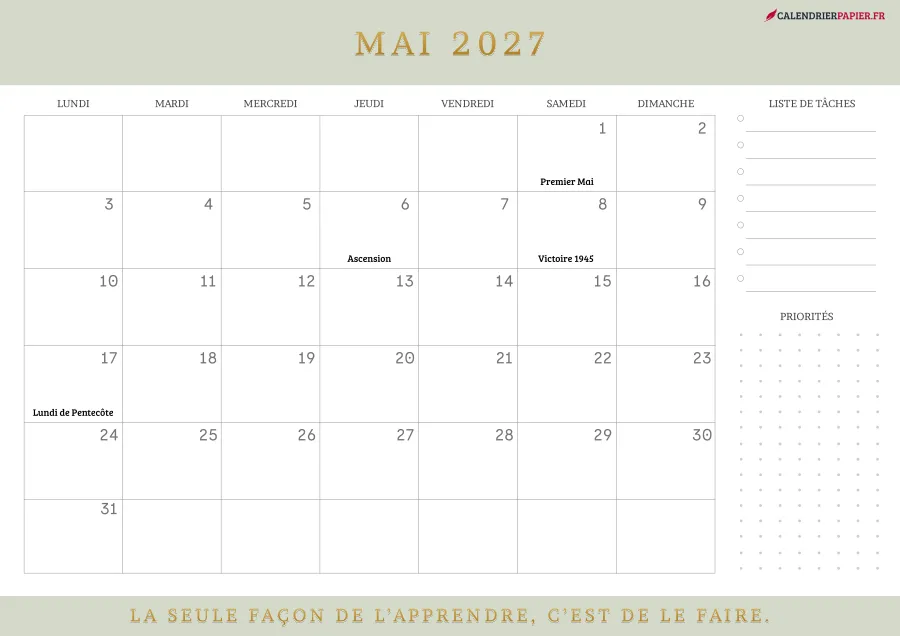 Calendrier mai 2027 à imprimer avec jours fériés, liste de tâches, couleur vert
