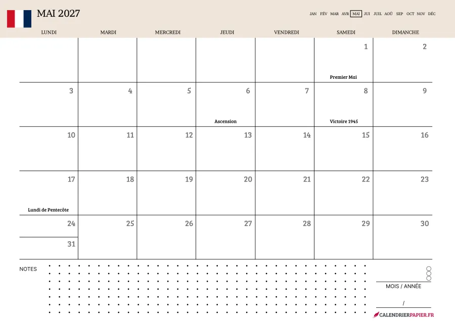 Calendrier mai 2027 à imprimer avec jours fériés, notes, couleur crème