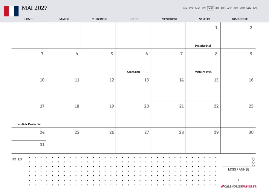 Calendrier mai 2027 à imprimer avec jours fériés, notes, couleur lavande