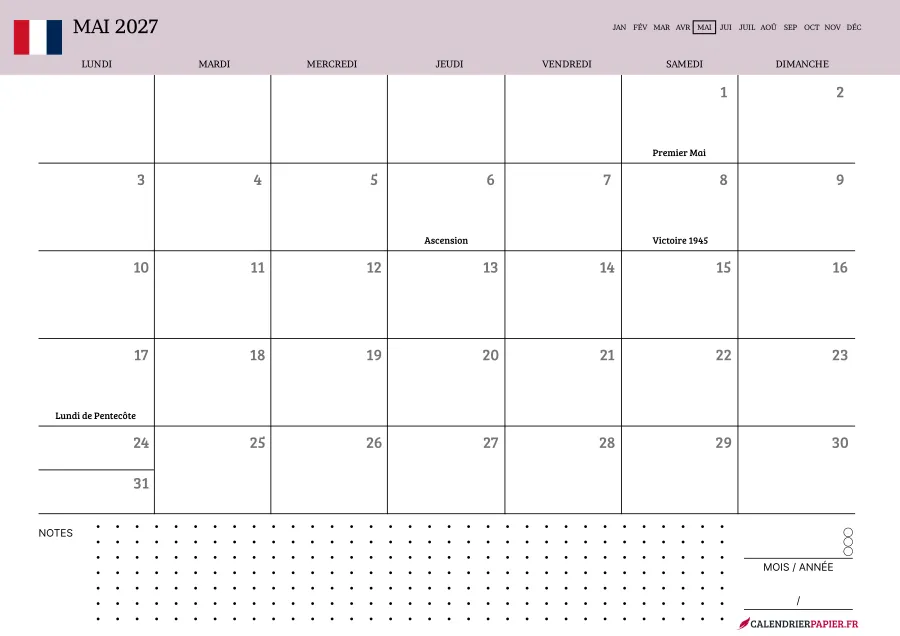 Calendrier mai 2027 à imprimer avec jours fériés, notes, couleur rose