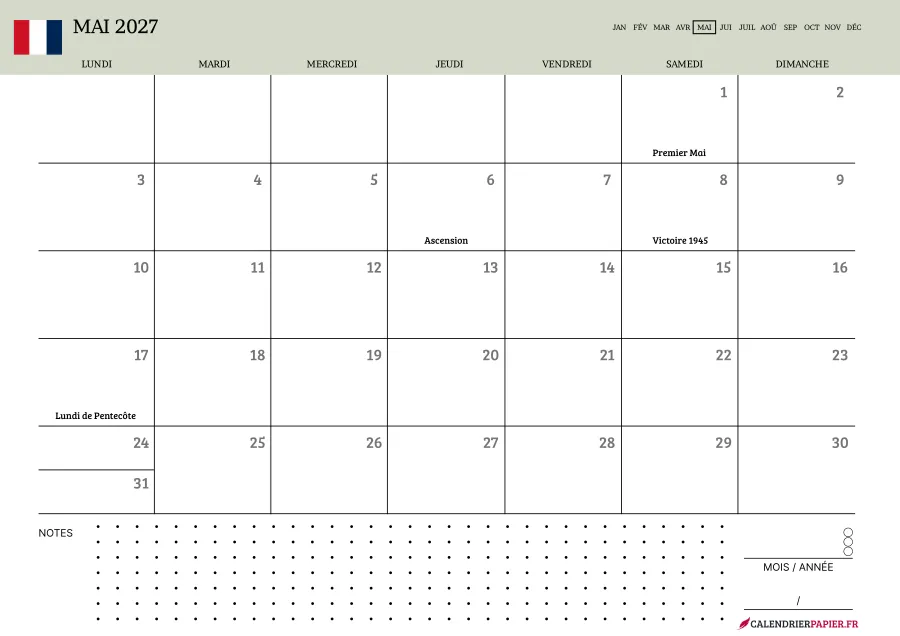 Calendrier mai 2027 à imprimer avec jours fériés, notes, couleur vert