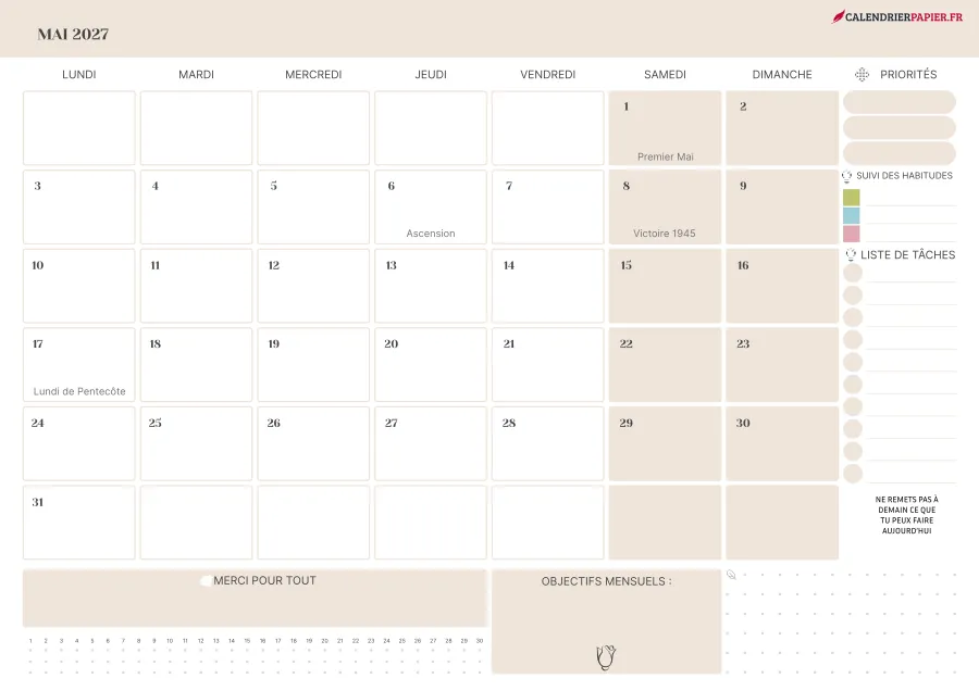 Calendrier mai 2027 à imprimer avec jours fériés, priorités, couleur crème