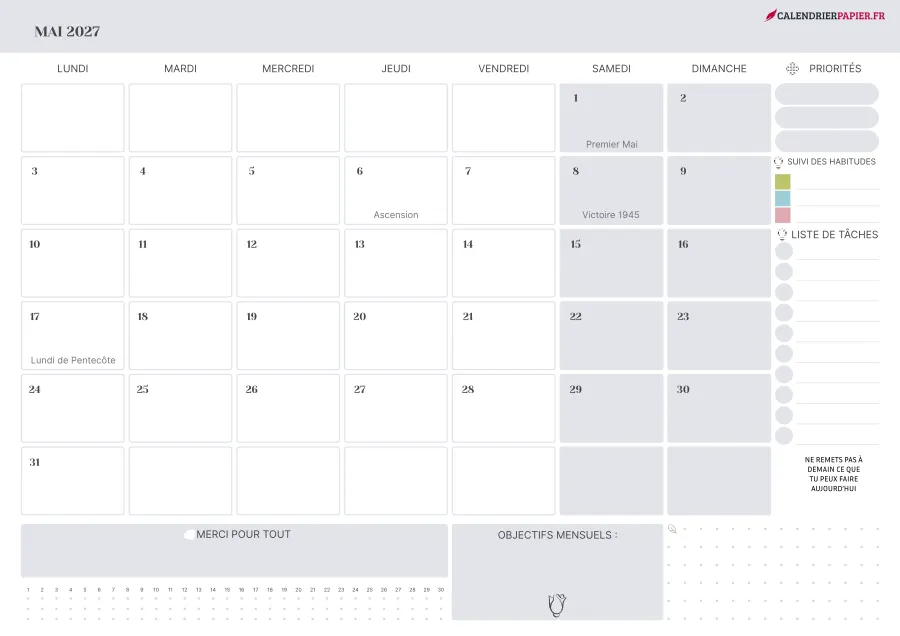 Calendrier mai 2027 à imprimer avec jours fériés, priorités, couleur lavande