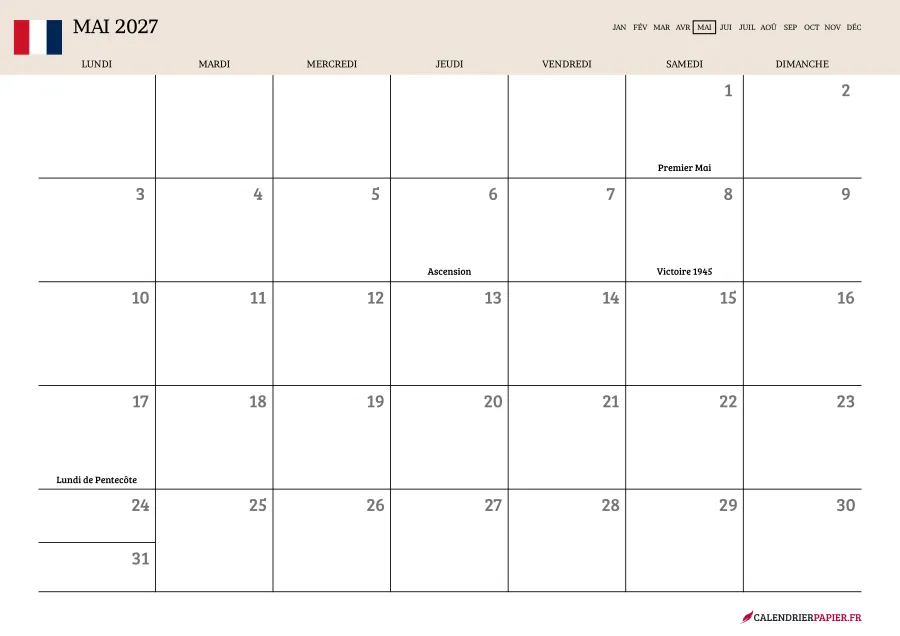 Calendrier mai 2027 à imprimer avec jours fériés, vierge, couleur crème
