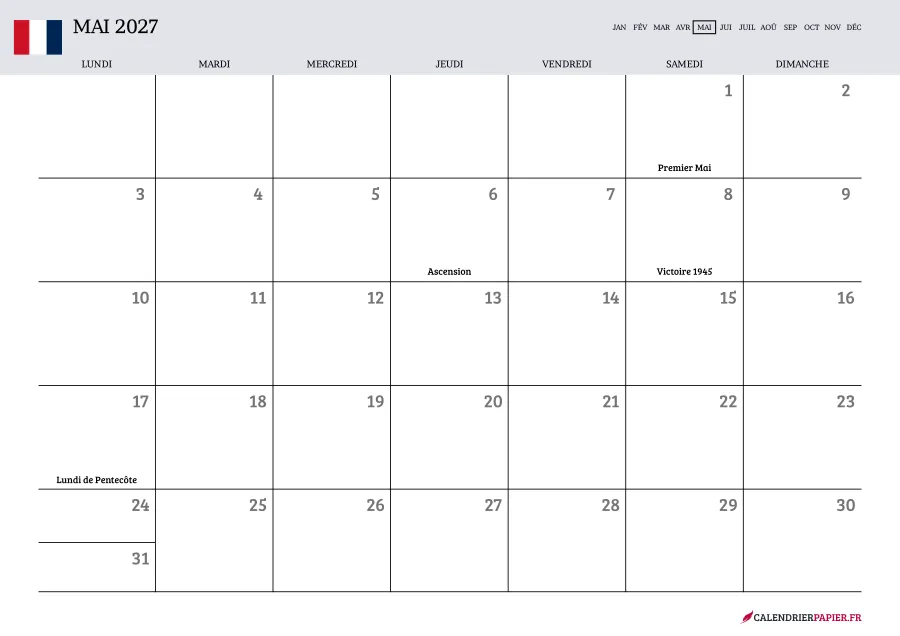 Calendrier mai 2027 à imprimer avec jours fériés, vierge, couleur lavande