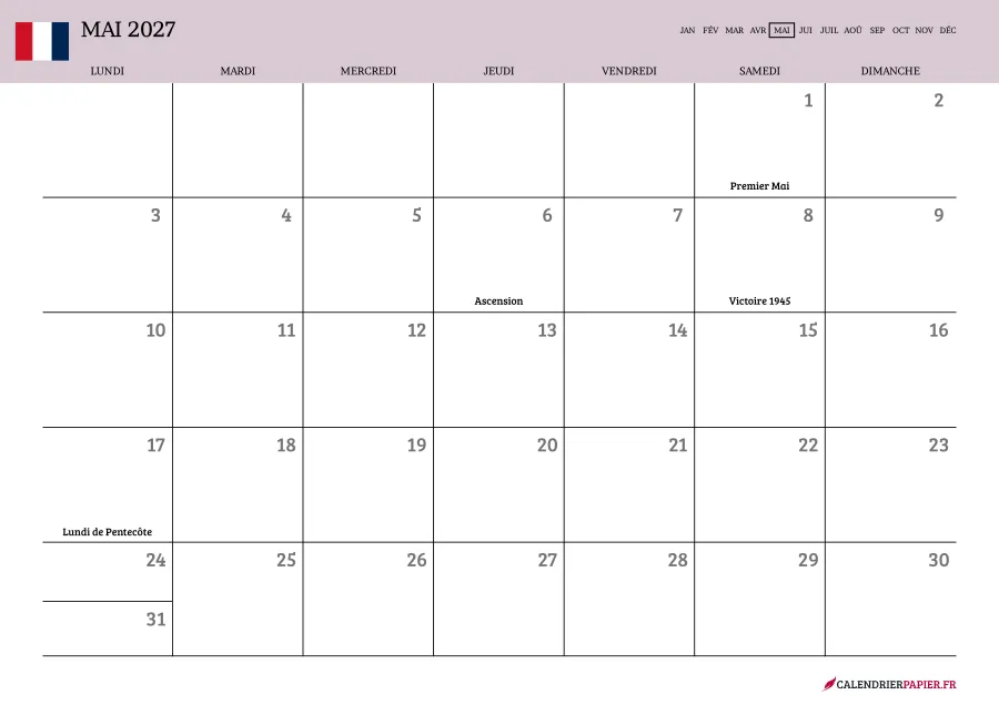 Calendrier mai 2027 à imprimer avec jours fériés, vierge, couleur rose