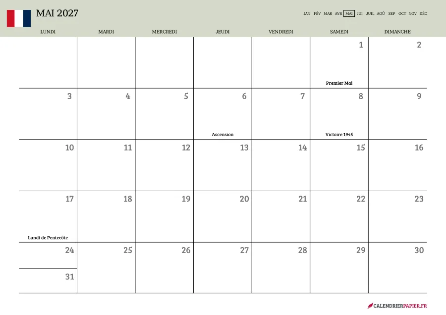 Calendrier mai 2027 à imprimer avec jours fériés, vierge, couleur vert