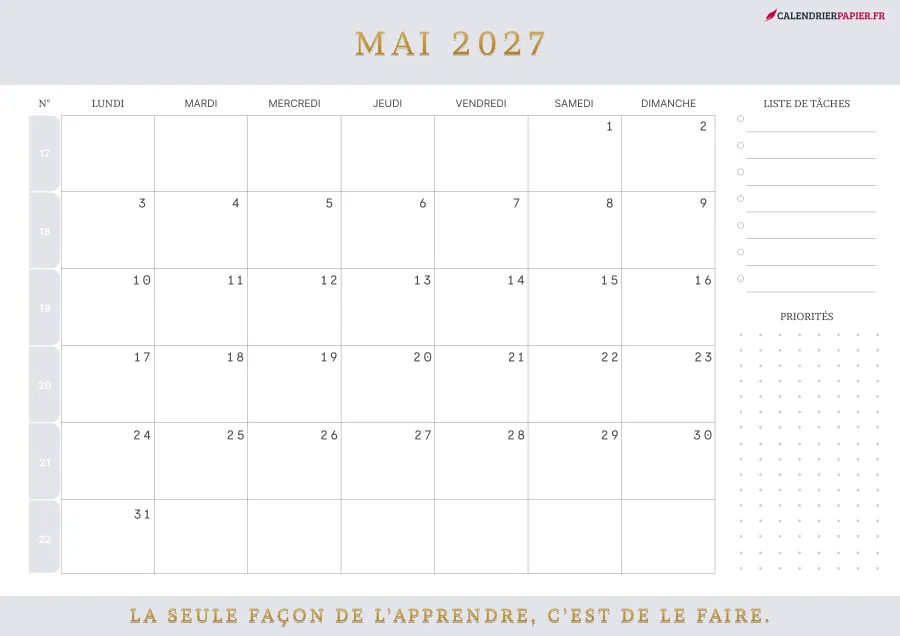 Calendrier mai 2027 à imprimer avec numéros de semaine, liste de tâches, couleur lavande