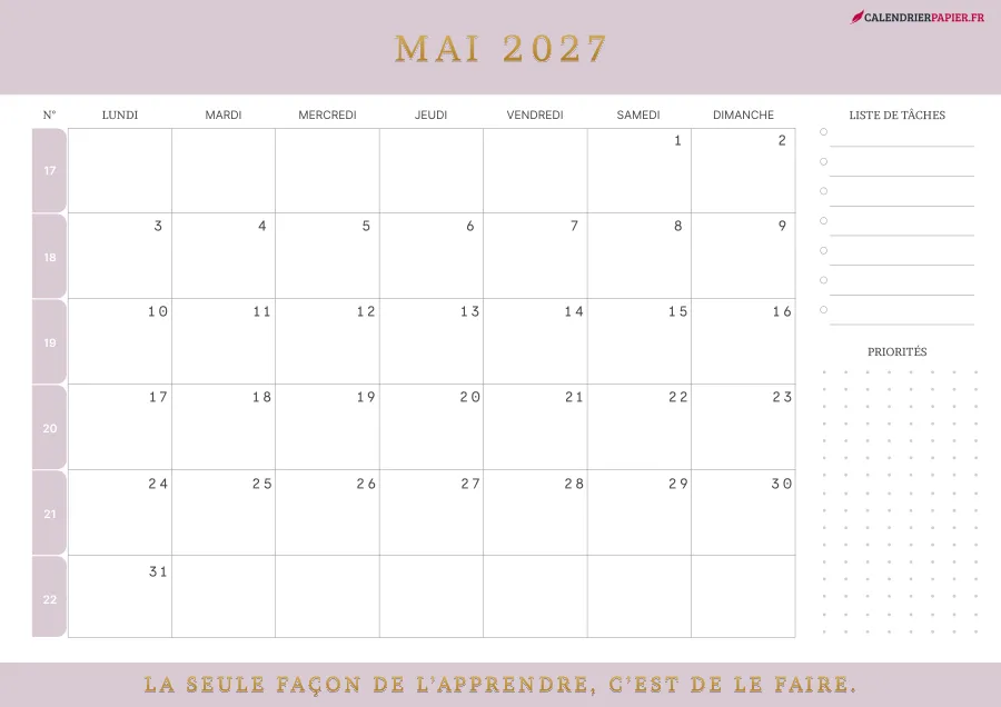 Calendrier mai 2027 à imprimer avec numéros de semaine, liste de tâches, couleur rose