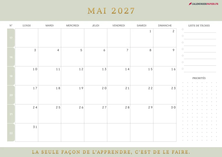 Calendrier mai 2027 à imprimer avec numéros de semaine, liste de tâches, couleur vert