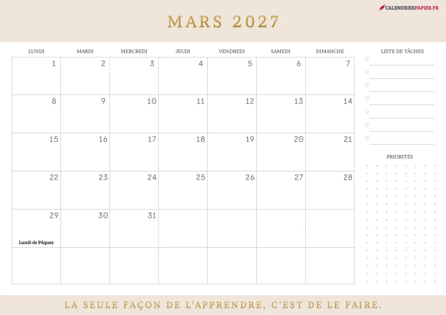 Calendrier mars 2027 à imprimer avec jours fériés, liste de tâches, couleur crème