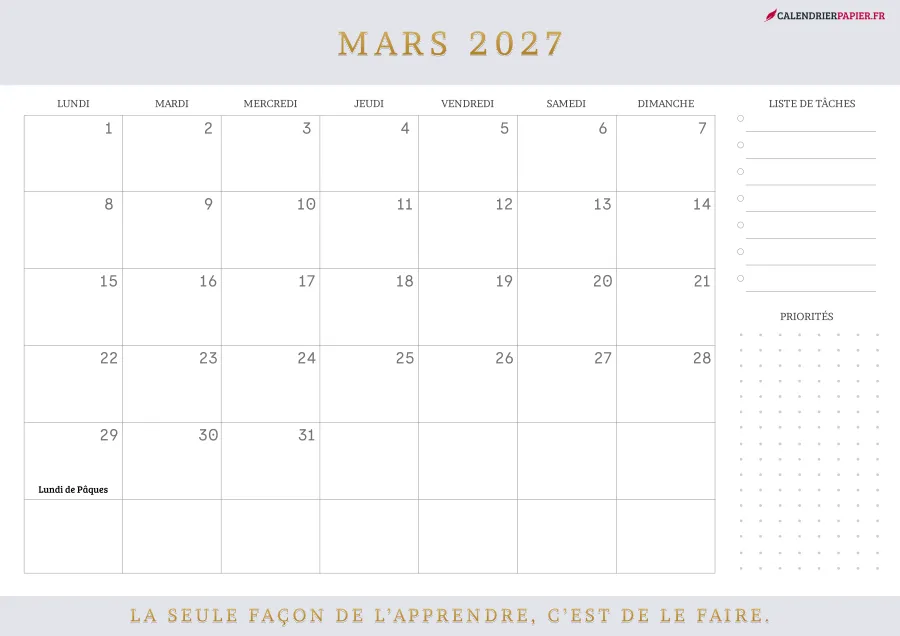Calendrier mars 2027 à imprimer avec jours fériés, liste de tâches, couleur lavande