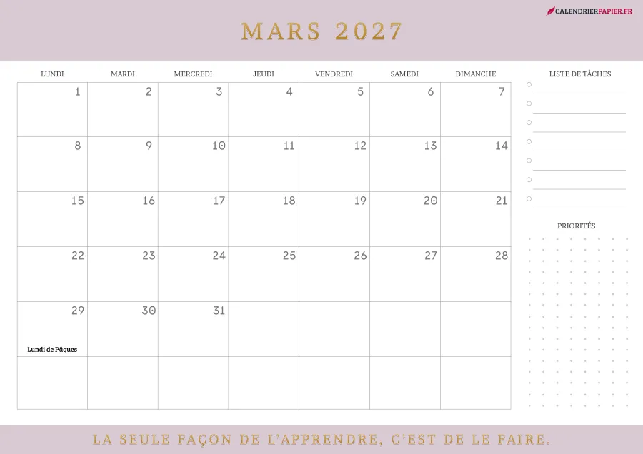 Calendrier mars 2027 à imprimer avec jours fériés, liste de tâches, couleur rose