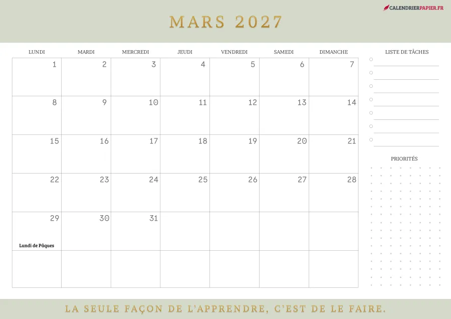 Calendrier mars 2027 à imprimer avec jours fériés, liste de tâches, couleur vert