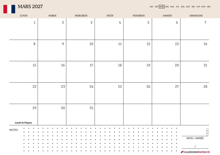 Calendrier mars 2027 à imprimer avec jours fériés, notes, couleur crème