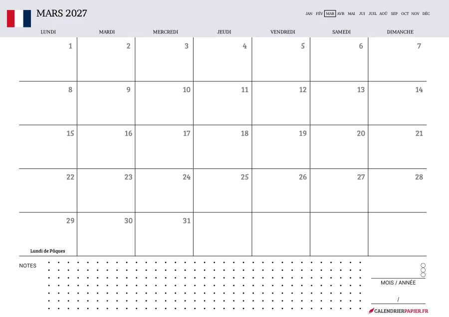 Calendrier mars 2027 à imprimer avec jours fériés, notes, couleur lavande