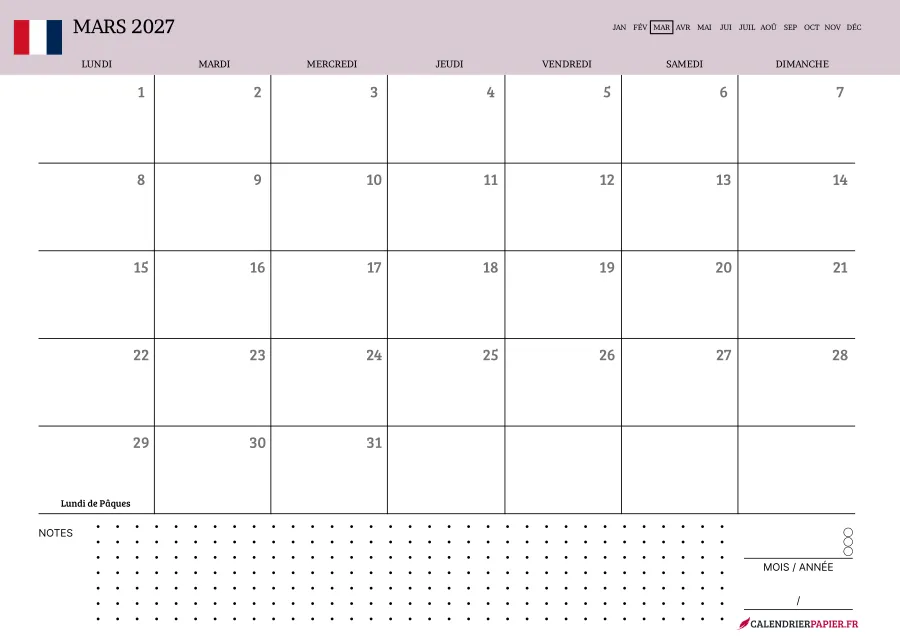 Calendrier mars 2027 à imprimer avec jours fériés, notes, couleur rose