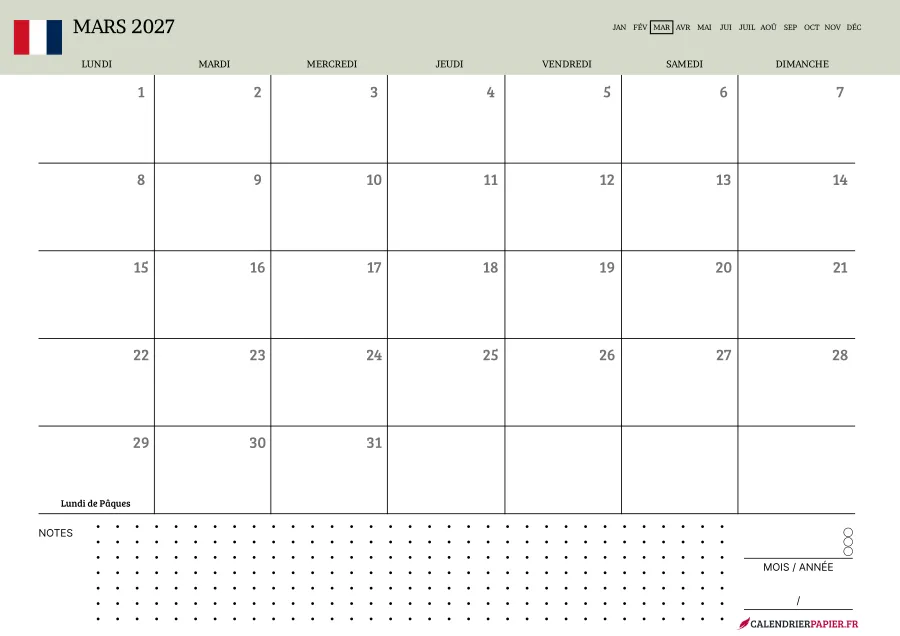 Calendrier mars 2027 à imprimer avec jours fériés, notes, couleur vert