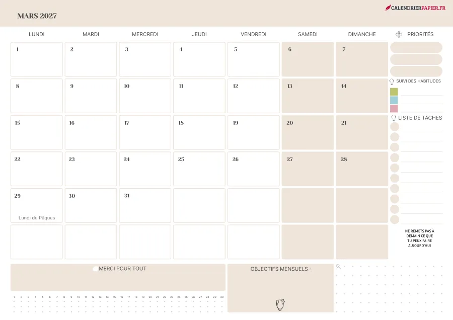 Calendrier mars 2027 à imprimer avec jours fériés, priorités, couleur crème