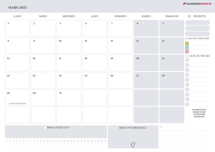 Calendrier mars 2027 à imprimer avec jours fériés, priorités, couleur lavande