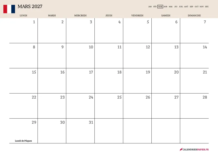 Calendrier mars 2027 à imprimer avec jours fériés, vierge, couleur crème