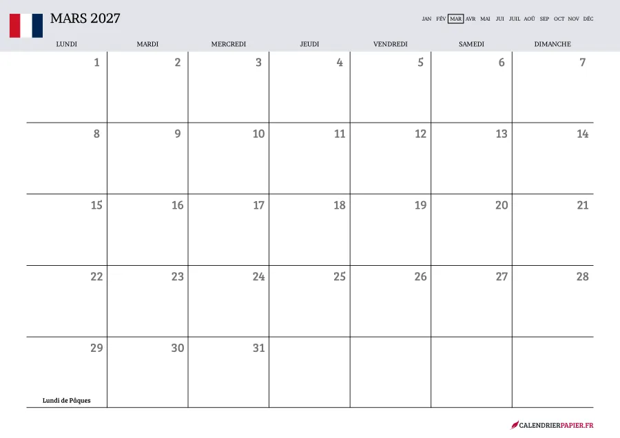 Calendrier mars 2027 à imprimer avec jours fériés, vierge, couleur lavande