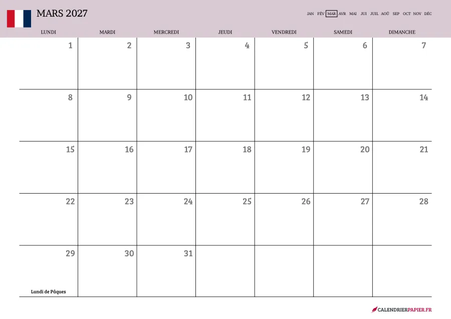Calendrier mars 2027 à imprimer avec jours fériés, vierge, couleur rose