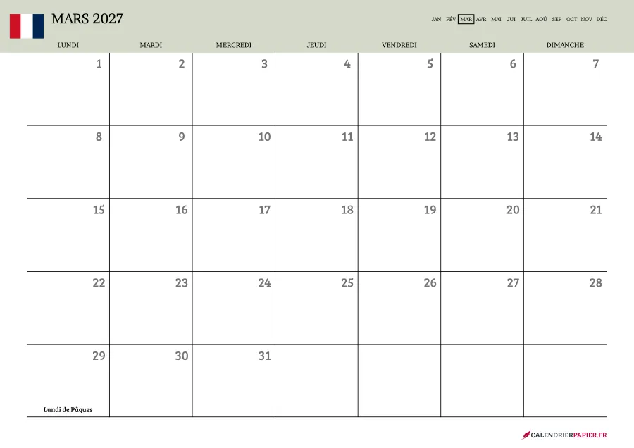 Calendrier mars 2027 à imprimer avec jours fériés, vierge, couleur vert