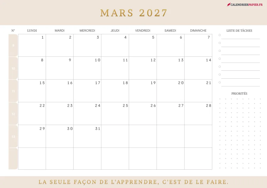 Calendrier mars 2027 à imprimer avec numéros de semaine, liste de tâches, couleur crème