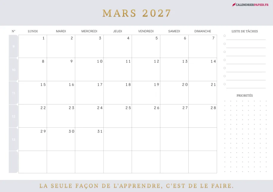 Calendrier mars 2027 à imprimer avec numéros de semaine, liste de tâches, couleur lavande