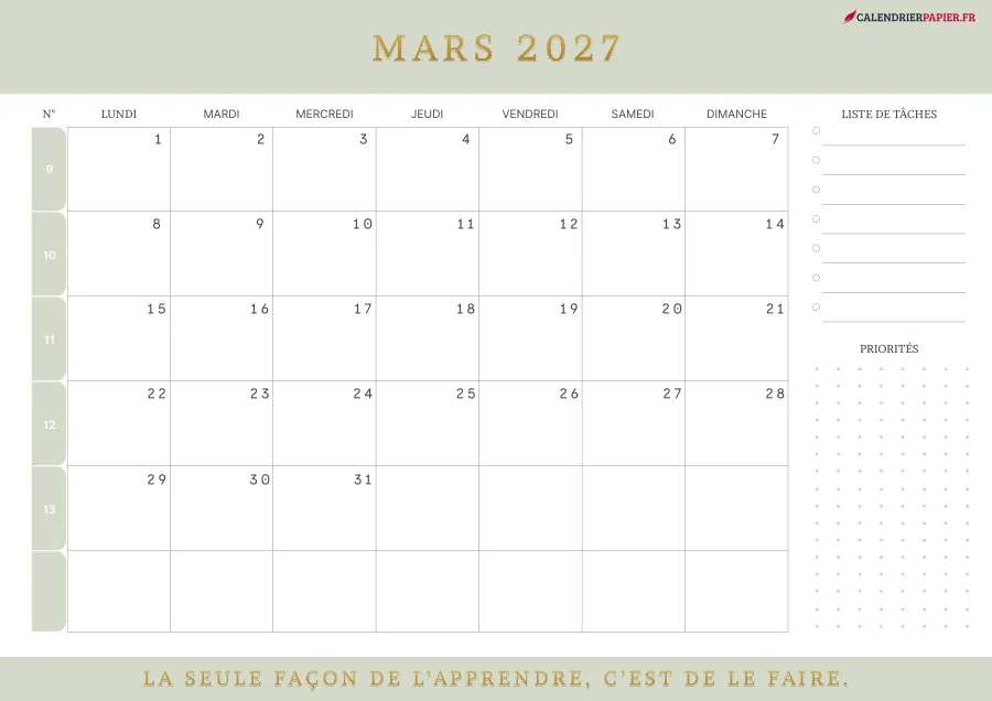 Calendrier mars 2027 à imprimer avec numéros de semaine, liste de tâches, couleur vert