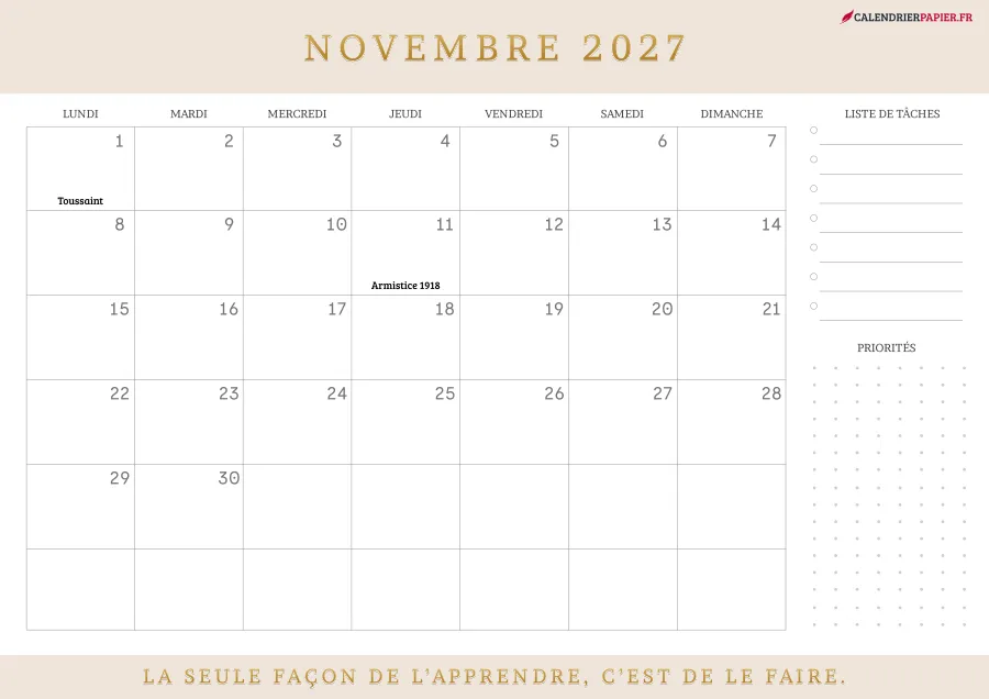 Calendrier novembre 2027 à imprimer avec jours fériés, liste de tâches, couleur crème