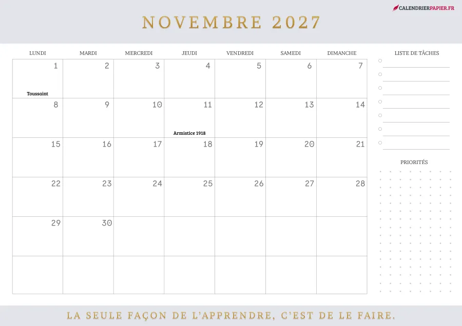 Calendrier novembre 2027 à imprimer avec jours fériés, liste de tâches, couleur lavande