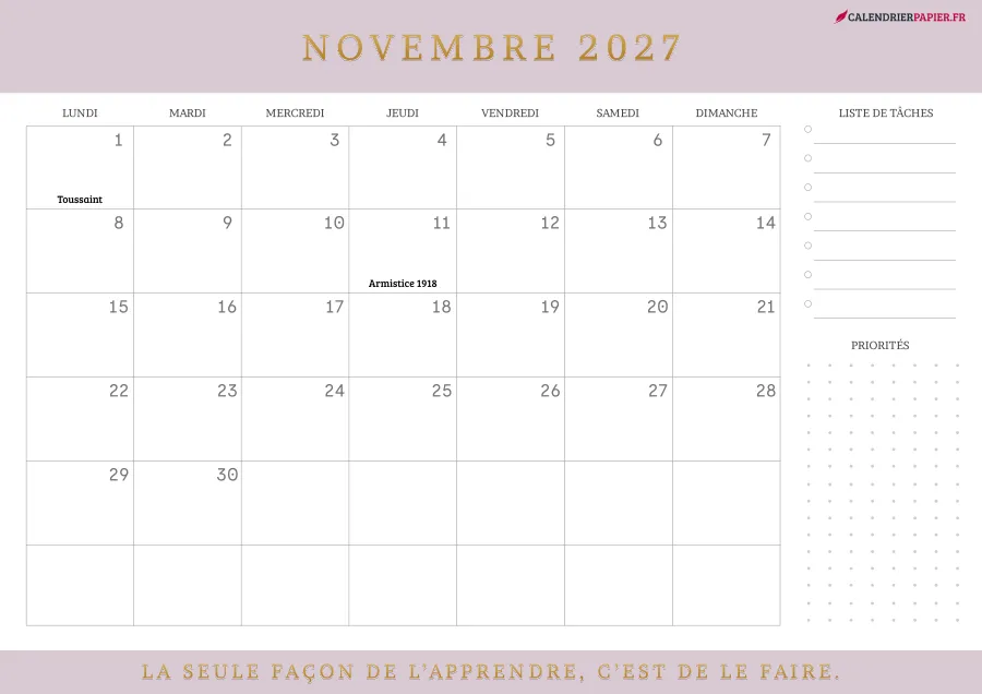 Calendrier novembre 2027 à imprimer avec jours fériés, liste de tâches, couleur rose