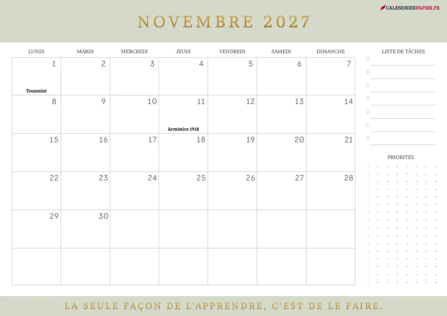 Calendrier novembre 2027 à imprimer avec jours fériés, liste de tâches, couleur vert