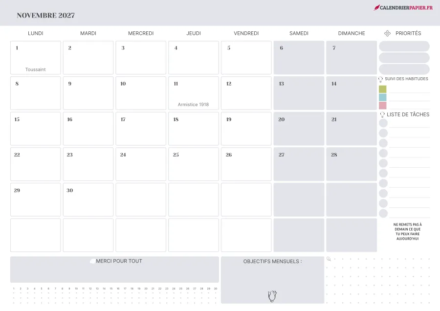 Calendrier novembre 2027 à imprimer avec jours fériés, priorités, couleur lavande