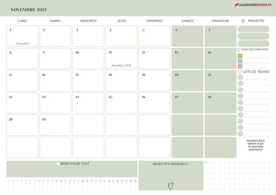 Calendrier novembre 2027 à imprimer avec jours fériés, priorités, couleur vert