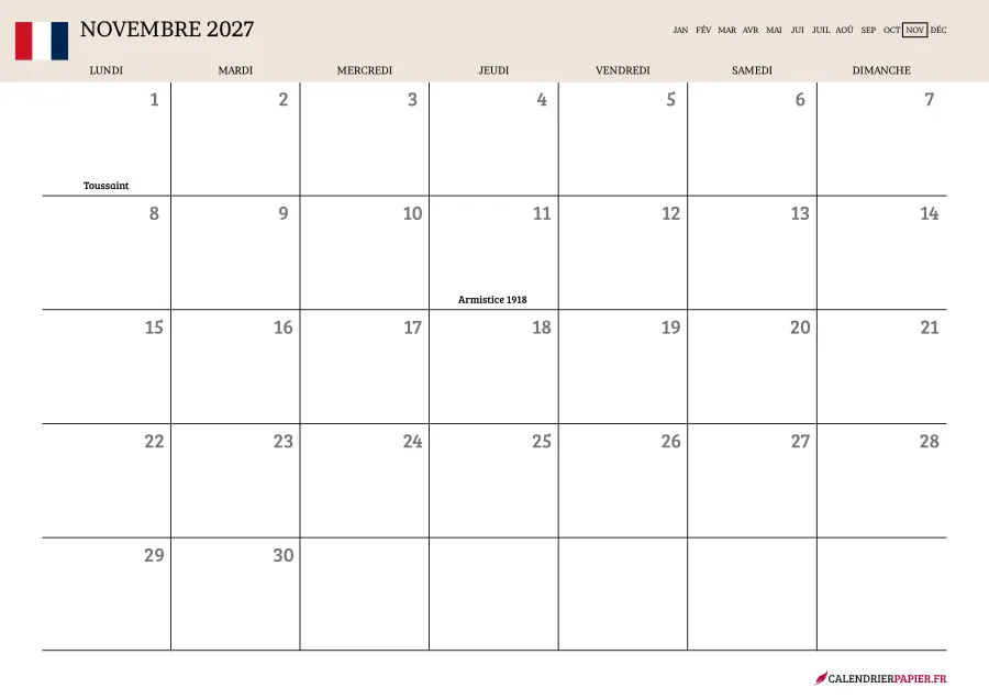 Calendrier novembre 2027 à imprimer avec jours fériés, vierge, couleur crème