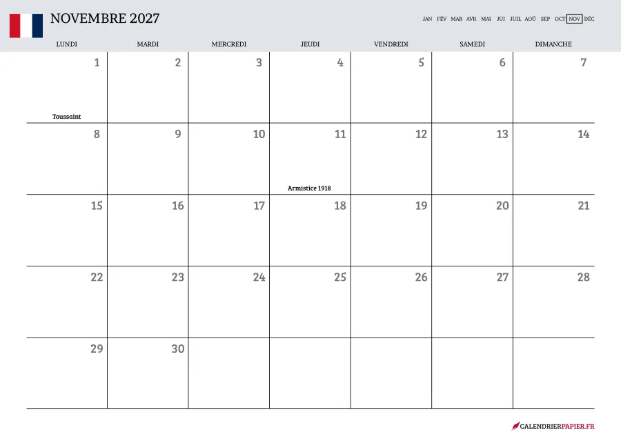 Calendrier novembre 2027 à imprimer avec jours fériés, vierge, couleur lavande