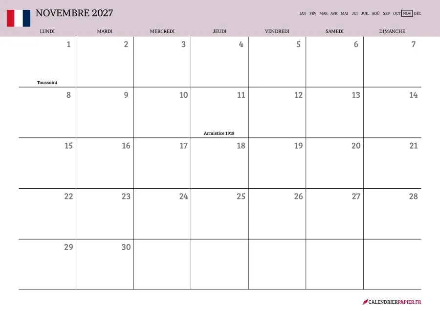 Calendrier novembre 2027 à imprimer avec jours fériés, vierge, couleur rose
