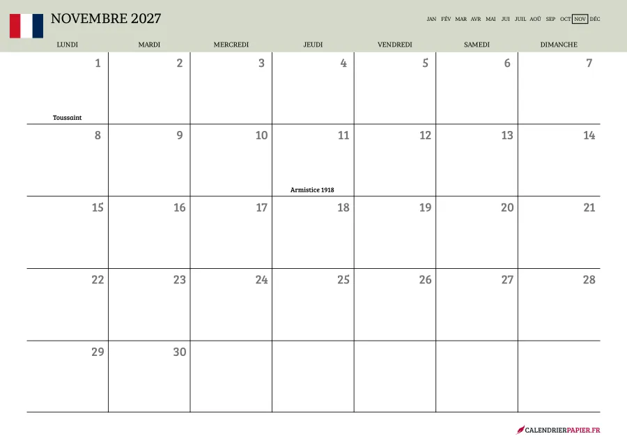 Calendrier novembre 2027 à imprimer avec jours fériés, vierge, couleur vert